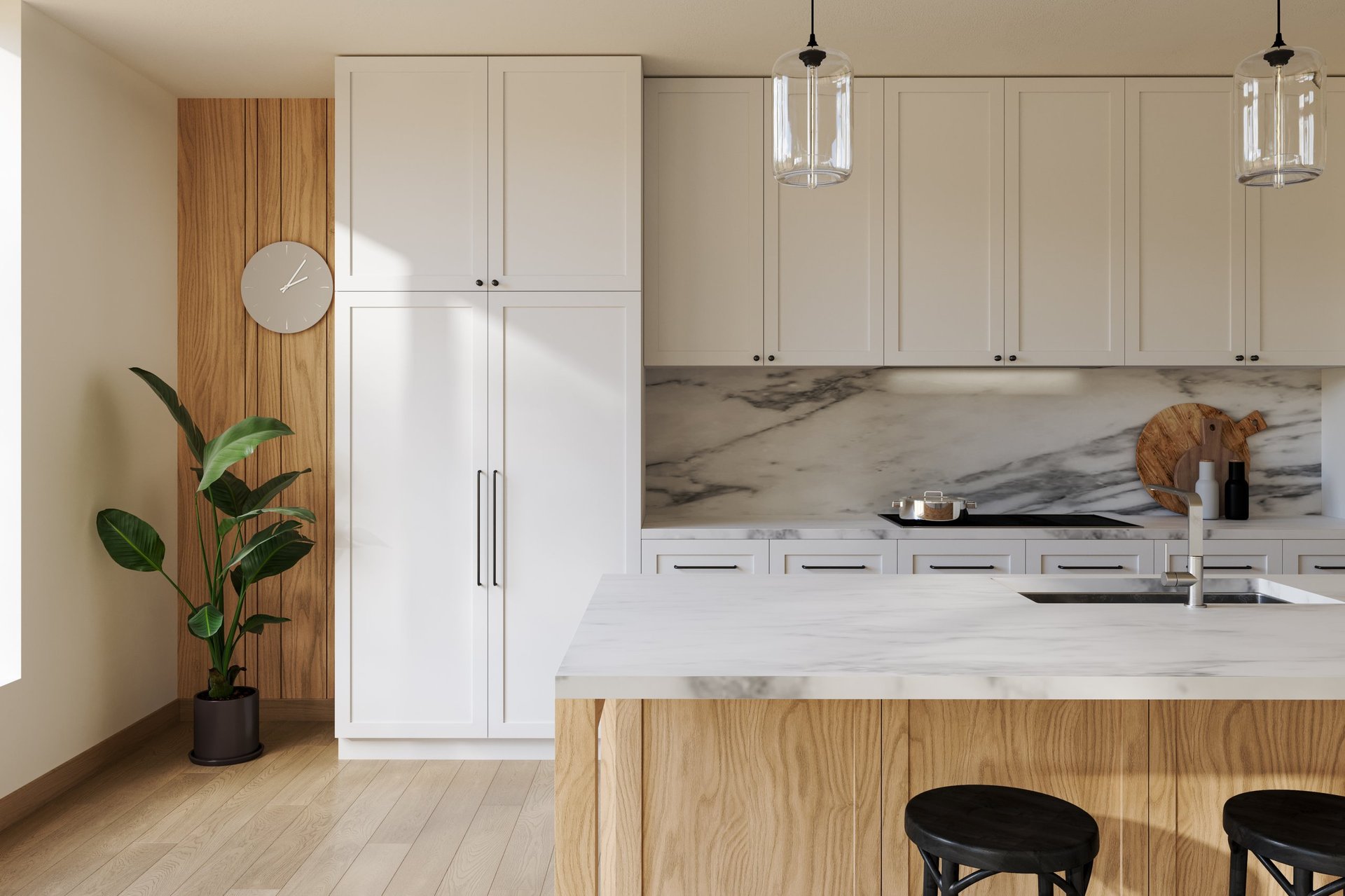 Modern kitchen interior with white cabinets and marble island